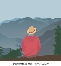 The young man was sitting and looking at the mountain with a calm mind. Experience the beauty and truth in nature. Vector illustration concept of conscious living or learning the truth of nature.