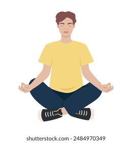 Joven sentado en pose de loto. Hombre meditando aislado sobre fondo blanco. Ilustración vectorial