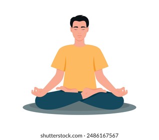 Young man sitting in lotus pose. Meditating male with closed eyes isolated on white background. Vector illustration