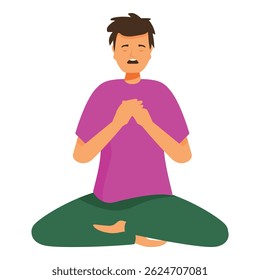 Young man is sitting in lotus pose, practicing deep breathing exercises for stress relief and mindfulness