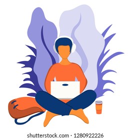 Young man sitting in the lotus position and working at a laptop outdoors. Work and hobby. Illustration in flat style