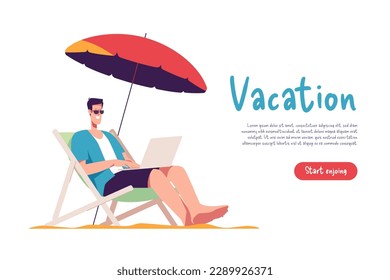 Young man sitting in lounge deck chair at the beach and working online with laptop. Vector illustration.