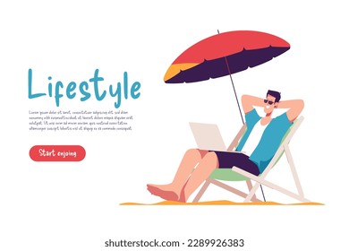 Young man sitting in lounge deck chair at the beach and relaxing. Vector illustration.