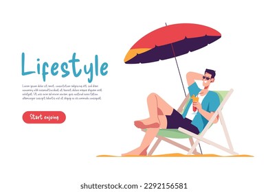 Young man sitting in lounge deck chair at the beach and relaxing drinking cocktail. Vector illustration.
