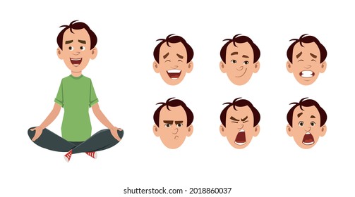 Young man sitting in meditating  and yoga posture. Young man character with different type of facial expression .