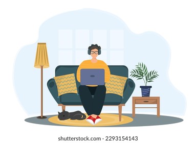 Young man sitting with mobile phone at home, chatting online concept, freelance work concept, domestic life concept, flat vector illustration