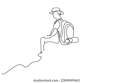 young man sitting nature backpack vacation hat camping gear exploration line art