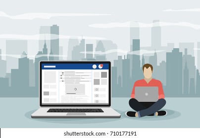 Young man sitting near the laptop and working with laptops in social networks for business project. Flat illustration  man using laptop and typing on keyboard for blog or website.