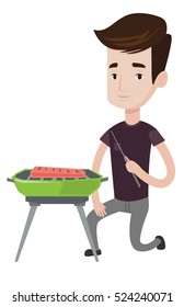 Young man sitting next to barbecue. Caucasian man cooking meat on the barbecue grill. Man having a barbecue party. Man preparing barbecue. Vector flat design illustration isolated on white background.