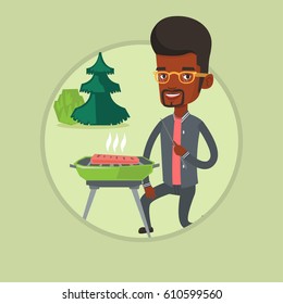 Young man sitting next to barbecue grill in the park. Man cooking steak on barbecue grill outdoors. Man having a barbecue party. Vector flat design illustration in the circle isolated on background.