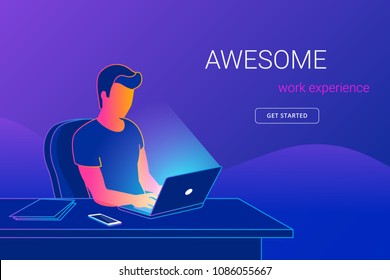 Young man sitting in the office at work desk and working with laptop. Modern gradient line vector illustration of student working, programing or writing. People learning and studying with copy space