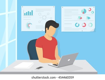 Young man sitting in the office at work desk and working with laptop. Flat modern design of freelance, programing, writing and remote work. Vector illustration of the man typing a letter using laptop.