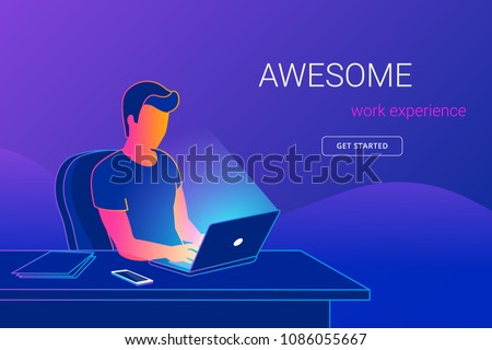 Young man sitting in the office at work desk and working with laptop. Modern gradient line vector illustration of student working, programing or writing. People learning and studying with copy space