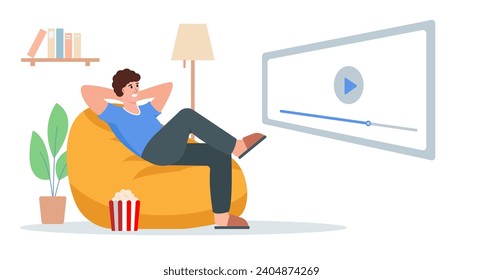 Young man sitting on armchair and watching movie at home. Male character relax on bean bag after work with popcorn and television. Flat or cartoon vector illustration. svg