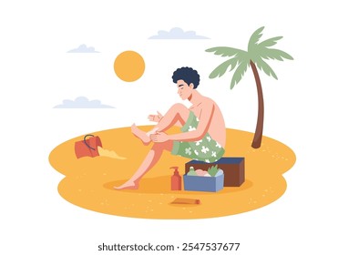 Un joven sentado en la playa aplicándose protector solar en los pies mientras está rodeado por una palmera y juguetes de playa. Ilustración vectorial