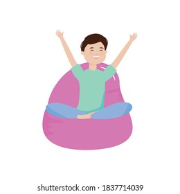 young man sitting on bean chair happy character vector illustration