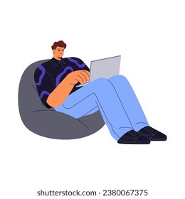 Young man sitting on bean bag, chair. Freelance worker relax on armchair. Employee, entrepreneur work remote, typing on laptop. Student study online. Flat isolated vector illustration on white