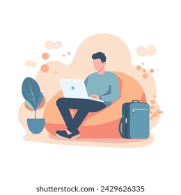 A young man sitting on a bean bag with a laptop. Flat vector illustration. Work from home. Remote