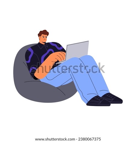 Young man sitting on bean bag, chair. Freelance worker relax on armchair. Employee, entrepreneur work remote, typing on laptop. Student study online. Flat isolated vector illustration on white