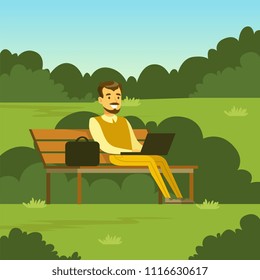 Young man sitting on the bench in the park using laptop computer, flat vector illustration