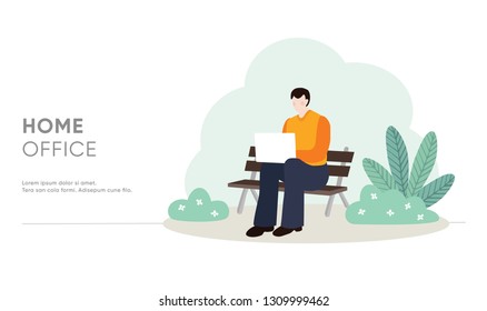 Young man sitting on bench and working on laptop in public park, garden. Home office concept. Male freelancer, entrepreneur. Modern business vector illustration, flat design with plants. Web template.