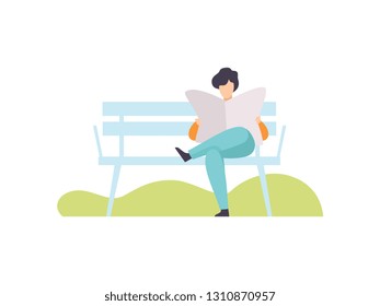 Young Man Sitting on Bench and Reading Newspaper in Park, Guy Relaxing and Enjoying Nature Outdoors Vector Illustration