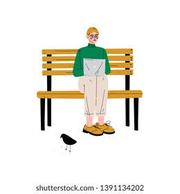 Young Man Sitting on Bench with Laptop, Guy Working or Relaxing at Park Using Computer, Freelance or Social Network Concept Vector Illustration