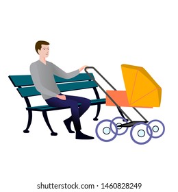 A Young Man Sitting On A Bench Next To A Pram. Cheerful Single Father On A Walk In The Park With Your Child. Male Nanny In Park Flat Vector Illustration.