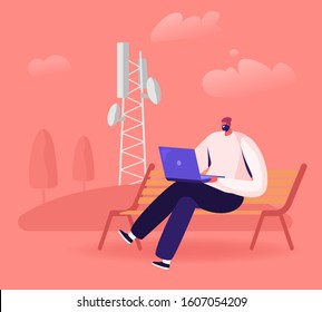 Young Man Sitting on Bench with Laptop in Hands near Transmission Telecommunication Tower Communicating Online Using High-speed 5G Internet. Social Media Networking. Cartoon Flat Vector Illustration