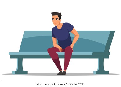 Young man sitting on bench isolated person. Displeased guy is experiencing negative feelings, angry, waiting outside. Citizen, modern lifestyle, urban environment. Vector character illustration