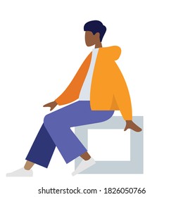 A young man is sitting on a bench, waiting , colorful human illustrations on white background, man illustration