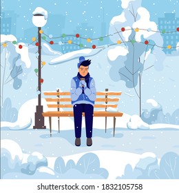 Young Man Sitting On A Bench In Winter Park And Drink Hot Coffee. Winter Holiday Leisure. Urban Place For Walking And Recreation. Cartoon Vector Illustration