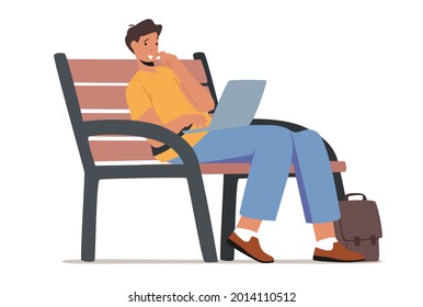 Young Man Sitting on Bench in Park with Laptop in Hands and Communicating Online in Internet. Social Media Networking, Freelancer Work Distantly, Student Learn Classes. Cartoon Vector Illustration.