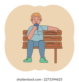 A young man is sitting on a bench with a glass of drink. Vector colored doodle illustration.