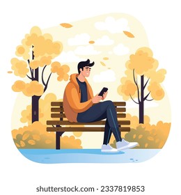 Young man sitting on bench park and holding phone,Young People Looking on Smartphones and Chatting