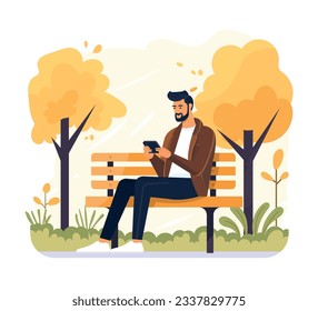 Young man sitting on bench park and holding phone,Young People Looking on Smartphones and Chatting