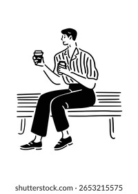 A young man sitting on a bench and holding two takeaway coffee cups while waiting for a friend. Simple vector character for concepts of meetings and social life.