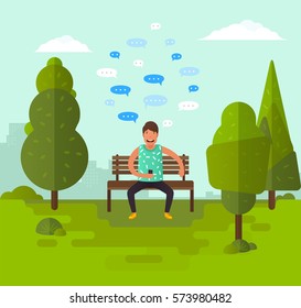 Young man sitting on a bench in the park. Flat modern illustration of social networking, searching and sending email and texting to friends. 