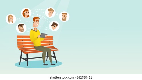 Young man sitting on a bench and using a tablet computer with network avatar icons above. Man surfing in the social network. Social network concept. Vector flat design illustration. Horizontal layout.