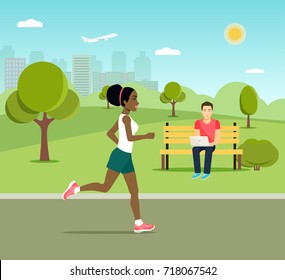  Young man sitting on the bench and working with laptop and Running afro american girl in the park. Vector flat style illustration