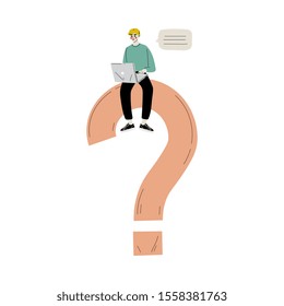 Young Man Sitting on a Big Question Mark with Laptop, Person Chatting, Making a Choice or Seeking Solution to a Problem Vector Illustration