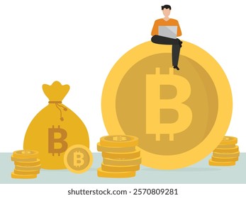 Young man sitting on big bitcoin, money bag and using laptop for online funding and making investments for bitcoin. Digital Money, Cryptocurrency Investment Concept.