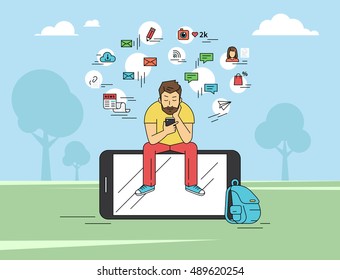 Young man sitting on the big smartphone and texting messages using smartphone. Flat modern illustration of social networking, searching and sending email and texting to friends in social networks