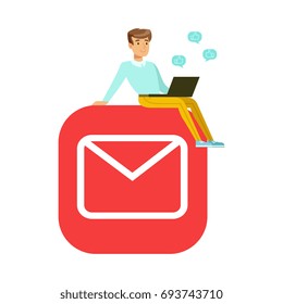 Young man sitting on a big mobile app symbol and using his laptop colorful character vector Illustration