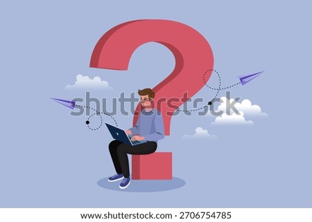 Young man sitting on a big red question mark using a laptop. Concept of online search for answers and customer support FAQ. Vector illustration of freelancer working with paper airplanes flying.