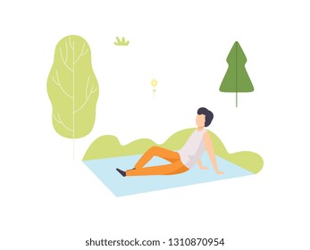 Young Man Sitting on Blanket in Park, Guy Relaxing and Enjoying Nature Outdoors Vector Illustration