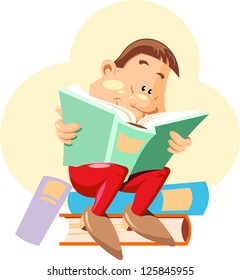 young man sitting on books and reading.  picture on the theme school, training, and library.