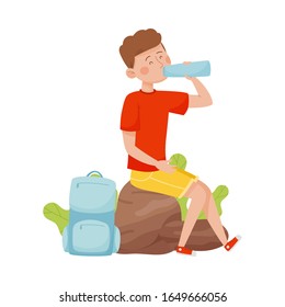 Young Man Sitting on Boulder and Drinking Water Vector Illustration