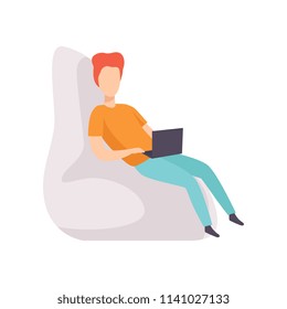 Young man sitting on the chair and working with laptop, remote working, freelance, working at home concept vector Illustration on a white background