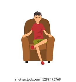 Young Man Sitting on Chair with Closed Eyes, Guy Spending Weekend at Home and Relaxing, Rest at Home Vector Illustration